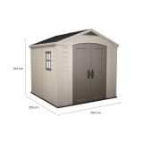 Casetta da Giardino Beige Nero Resistente Agli Agenti Atmosferici Presenza Finestre 257x255x243h cm, Tetto a due Falde - Traverse