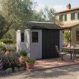 Casetta da Giardino Grigio Nero Lucchettabile, Finitura in Resina Presenza Finestre 230x287x246h cm, Tetto a due Falde - Perham