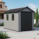 Casetta da Giardino Grigio Nero Lucchettabile, Finitura in Resina Presenza Finestre 230x350x246h cm, Tetto a due Falde - Rockport