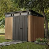 Casetta da Giardino Marrone Noce Nero Lucchettabile, Finitura in Resina Presenza Finestre 277x218x226h cm, Tetto a una Falda - Newberry