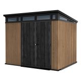 Casetta da Giardino Marrone Noce Nero Lucchettabile, Finitura in Resina Presenza Finestre 277x218x226h cm, Tetto a una Falda - Newberry