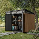 Casetta da Giardino Marrone Noce Nero Lucchettabile, Finitura in Resina Presenza Finestre 277x218x226h cm, Tetto a una Falda - Newberry