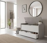 Cassapanca Lantana, Mobile da ingresso moderno con scarpiera, Cassapanca baule con due contenitori, 100% Made in Italy, 90x40h46 cm, Bianco e Cemento