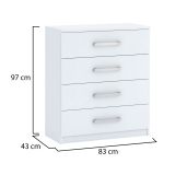 Cassettiera Bianco 4 Cassetti Apertura Scorrevole 83x43x97h cm, Chiusura Scorrevole - Laga