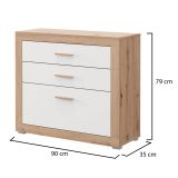 Cassettiera Bianco Marrone Rovere 3 Cassetti con Piedini 90x35x79h cm, Apertura Scorrevole - Hampi