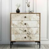 Cassettiera Marrone Noce Bianco Marmo 4 Cassetti Apertura Scorrevole 76x40x91h cm, Chiusura Scorrevole - Molly