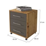 Cassettiera Marrone Rovere Nero Antracite 3 Cassetti Apertura Scorrevole 43x40x57h cm, Chiusura Scorrevole - Pisano
