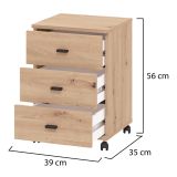 Cassettiera Marrone Rovere Nodi 3 Cassetti con Ruote 39x35x56h cm, Apertura Scorrevole - Kaza