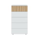 Cassettiera Wynne, Settimanale a 5 cassetti, Mobile Comò per camera da letto, Comò moderno, 61x40h109 cm, Bianco e Rovere