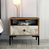 Comodino 1 cassetto noce e bianco marmo 56x40x50h cm - Editta