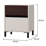 Comodino Bianco Crema Marrone Noce 2 Cassetti un Ripiano 48x40x60h cm, Apertura Scorrevole - Gili