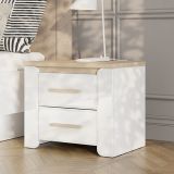 Comodino Bianco Opaco Marrone Rovere 2 Cassetti un Ripiano 58x40x50h cm, Apertura Scorrevole - Yamba