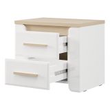 Comodino Bianco Opaco Marrone Rovere 2 Cassetti un Ripiano 58x40x50h cm, Apertura Scorrevole - Yamba