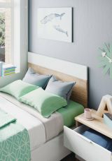 Comodino Honolulu, Comodino a due cassetti con testiera per letto singolo da 90 cm, 50x38h75 cm, Rovere e Bianco