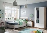 Comodino Honolulu, Comodino a due cassetti con testiera per letto singolo da 90 cm, 50x38h75 cm, Rovere e Bianco