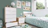 Comodino Honolulu, Comodino a due cassetti con testiera per letto singolo da 90 cm, 50x38h75 cm, Rovere e Bianco
