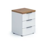 Comodino Kampala, Comò basso, Tavolino da notte, Mensola da letto, Made in Italy, 45x43h55 cm, Bianco lucido e Rovere
