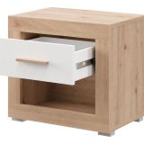Comodino Marrone Rovere Bianco Opaco un Cassetto 2 Ripiani 52x35x47h cm, Apertura Scorrevole - Varkal