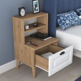 Comodino Marrone Rovere Bianco un Cassetto un Ripiano 45x40x74h cm, Apertura Scorrevole - Salassa