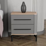 Comodino Nero Antracite Marrone Rovere 2 Cassetti un Ripiano 52x40x56h cm, Apertura Scorrevole - Ojai