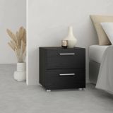 Comodino Nero Effetto Legno 2 Cassetti un Ripiano 40x40x42h cm, Apertura Scorrevole - Apolla