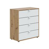 Comodino Seabeck, Comò basso, Tavolino da notte, Mensola da letto, 78x40 h86 cm, Bianco e Rovere Nodi