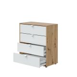 Comodino Seabeck, Comò basso, Tavolino da notte, Mensola da letto, 78x40 h86 cm, Bianco e Rovere Nodi