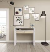 Consolle Billings, Scrivania con piano estensibile, Scrittoio porta PC con 2 cassetti, 99x36h88 cm, Bianco e Rovere