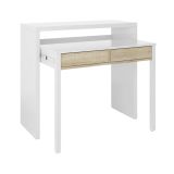 Consolle Billings, Scrivania con piano estensibile, Scrittoio porta PC con 2 cassetti, 99x36h88 cm, Bianco e Rovere