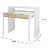 Consolle Billings, Scrivania con piano estensibile, Scrittoio porta PC con 2 cassetti, 99x36h88 cm, Bianco e Rovere