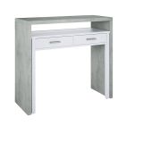 Consolle Billings, Scrivania con piano estensibile, Scrittoio porta PC con 2 cassetti, 99x36h88 cm, Cemento e Bianco
