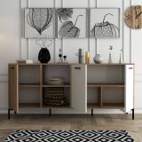 Credenza Achird, Buffet da soggiorno, Madia da salotto, Dispensa da cucina, 180x45 h80 cm, Quercia e Bianco