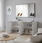 Credenza Addis, Buffet da soggiorno, Madia da salotto, Dispensa da cucina, Made in Italy, 180x38h79 cm, Bianco lucido