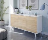 Credenza Arvada, Madia moderna a 3 ante e ripiani, Buffet da cucina, Buffet di design da soggiorno, 154x40h75 cm, Bianco e Rovere