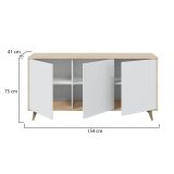 Credenza Arvada, Madia moderna a 3 ante e ripiani, Buffet da cucina, Buffet di design da soggiorno, 154x40h75 cm, Rovere e Bianco
