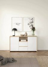 Credenza Audrey, Buffet da soggiorno, Madia da salotto, Dispensa da cucina, 149x48 h84 cm, Rovere e Bianco