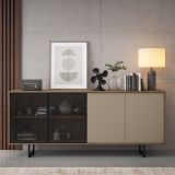 Credenza Beige Marrone Noce 3 Ripiani Apertura Battente 200x40x87h cm, 4 Ante - Malnate