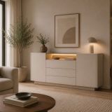 Credenza Beige Marrone Rovere 3 Cassetti 2 Ripiani 176x40x83h cm, Apertura Battente, Scorrevole - Haleli