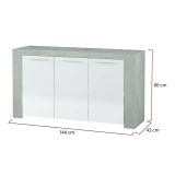 Credenza Bellevue, Madia moderna a 3 ante, Buffet da soggiorno, Mobile porta TV, Madia per salotto, 144x42h80 cm, Cemento e Bianco