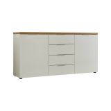 Credenza Benoni, Buffet da soggiorno, Madia da salotto, Dispensa da cucina, Made in Italy, 180x43h89 cm, Bianco lucido e Rovere