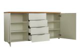 Credenza Benoni, Buffet da soggiorno, Madia da salotto, Dispensa da cucina, Made in Italy, 180x43h89 cm, Bianco lucido e Rovere
