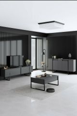 Credenza Betel, Buffet da soggiorno, Madia da salotto, Dispensa moderna da cucina, 160x35h80 cm, Antracite e Nero
