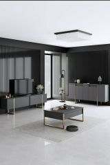 Credenza Betel, Buffet da soggiorno, Madia da salotto, Dispensa moderna da cucina, 160x35h80 cm, Antracite e Oro