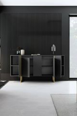 Credenza Betel, Buffet da soggiorno, Madia da salotto, Dispensa moderna da cucina, 160x35h80 cm, Antracite e Oro