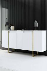 Credenza Betel, Buffet da soggiorno, Madia da salotto, Dispensa moderna da cucina, 160x35h80 cm, Bianco e Oro