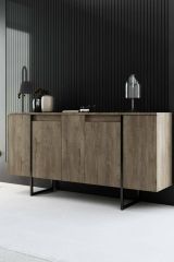 Credenza Betel, Buffet da soggiorno, Madia da salotto, Dispensa moderna da cucina, 160x35h80 cm, Noce e Nero