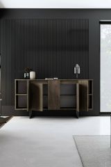 Credenza Betel, Buffet da soggiorno, Madia da salotto, Dispensa moderna da cucina, 160x35h80 cm, Noce e Nero