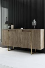 Credenza Betel, Buffet da soggiorno, Madia da salotto, Dispensa moderna da cucina, 160x35h80 cm, Noce e Oro