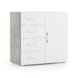 Credenza bianca e cemento 90x41x87h cm 1 anta e 4 cassetti - Aracnida
