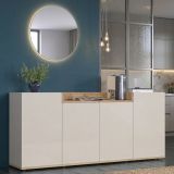 Credenza Bianco Cashmere Marrone Rovere Chiaro 6 Ripiani Apertura Battente 160x35x70h cm, 4 Ante Made in Italy - Swink